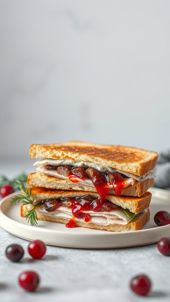 A delicious Turkey and Cranberry Melt sandwich, toasted and served on a plate with cranberries on the side.