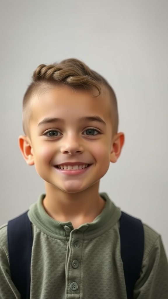A young boy smiling with a twisted braid hairstyle, wearing a green shirt and black backpack.