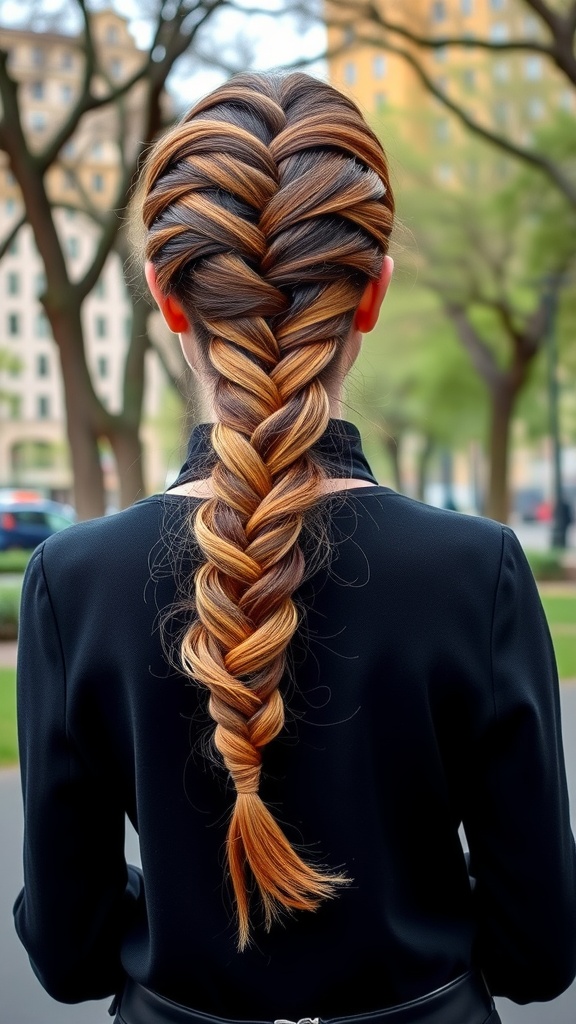 A woman with a twisted braid ponytail showcasing an ombre effect, standing outdoors.