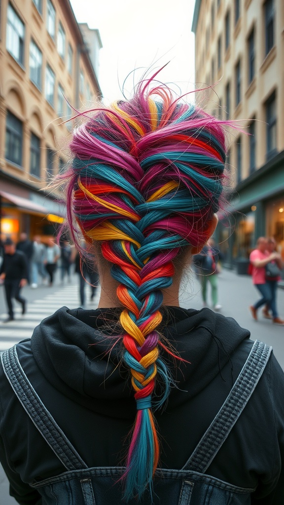 A colorful twisted braid hairstyle featuring pink, blue, yellow, and purple strands, set against a city backdrop.