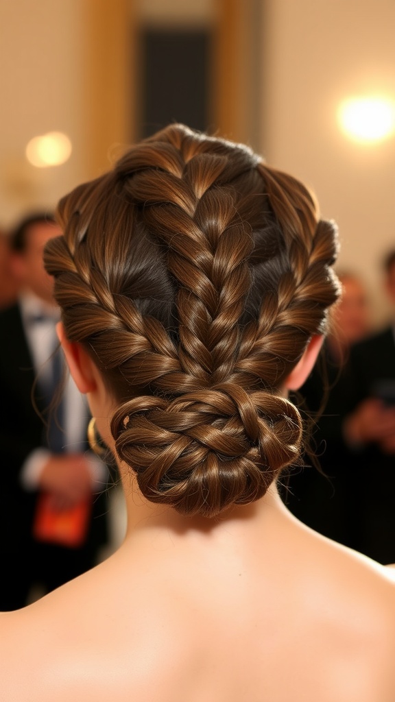 A beautiful twisted braided low bun hairstyle, showcasing intricate braids gathered at the nape of the neck