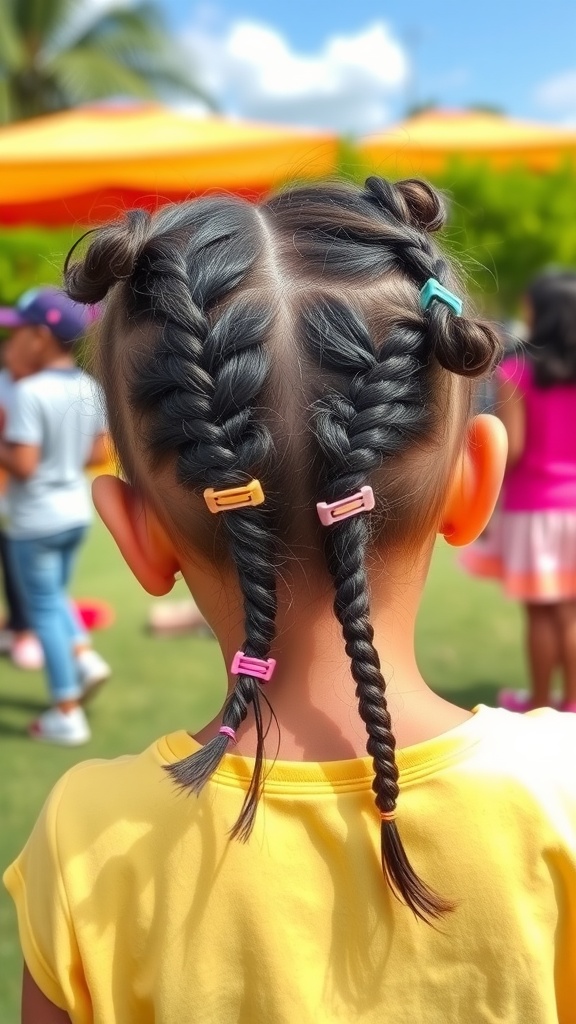 A child with two twisted braids secured with colorful clips, showcasing a fun hairstyle.