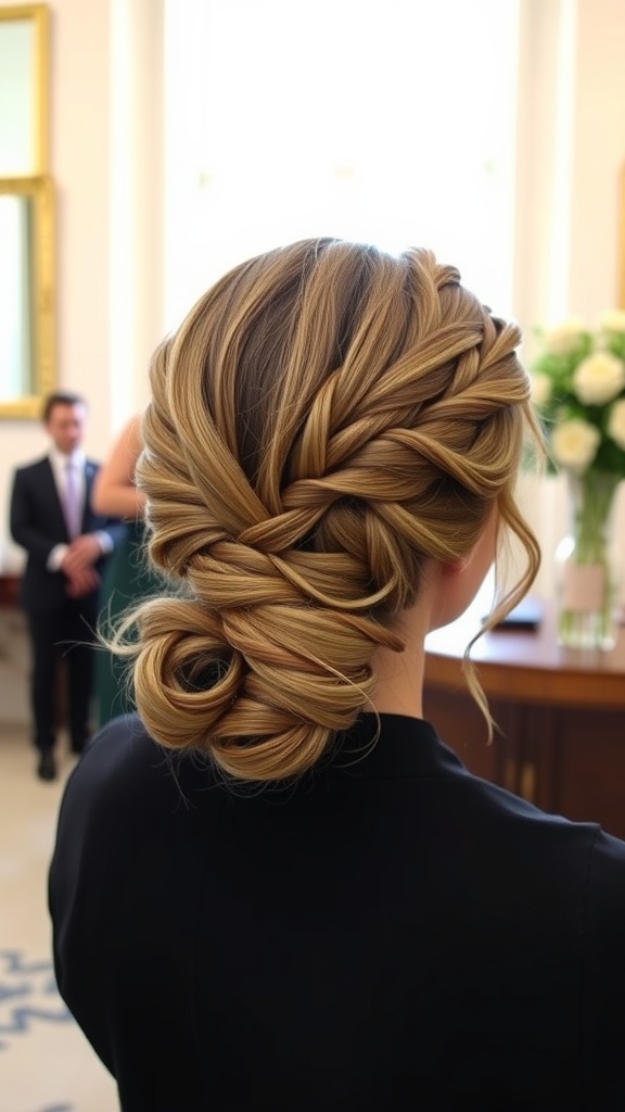 A person showcasing a hairstyle with twisted braids leading into a low chignon, featuring soft waves.