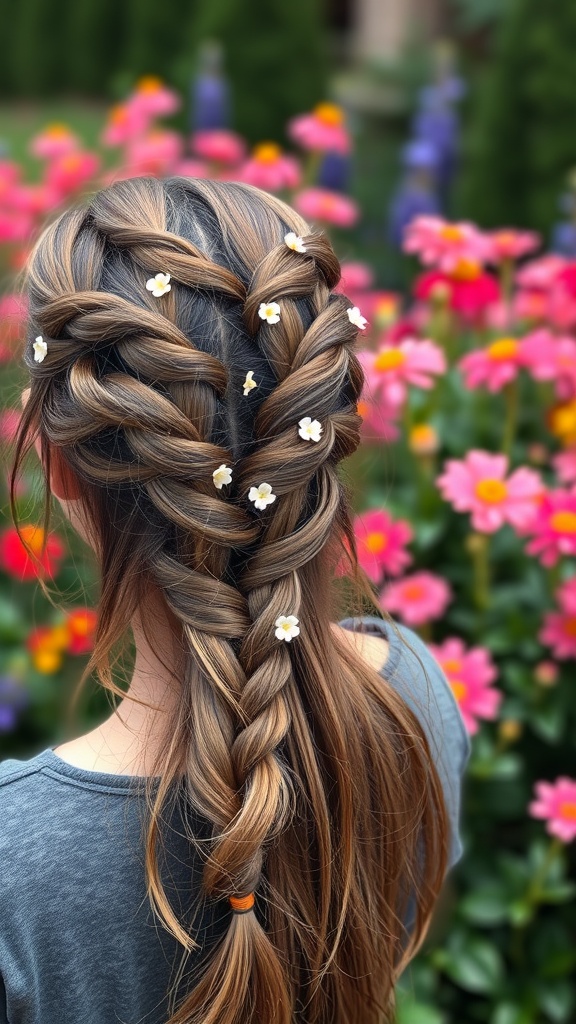 A girl showing off twisted braids with small flowers in a floral background
