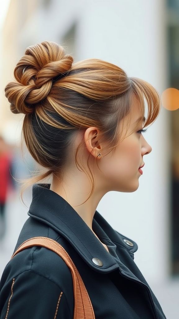 Twisted bun hairstyle with side-swept bangs, showcasing a stylish and elegant look.