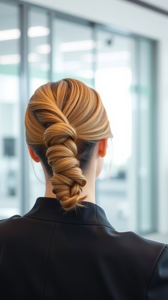 A sleek twisted chignon hairstyle viewed from the back, showcasing a polished and professional look.