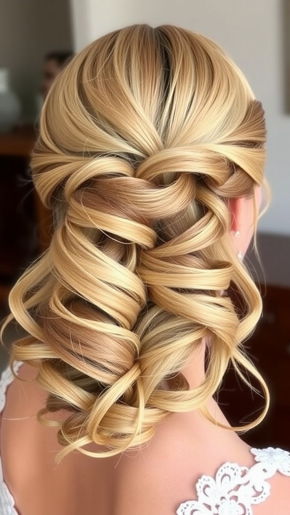 A beautifully styled twisted half-up, half-down hairstyle with curls, perfect for weddings.
