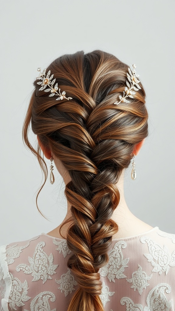 A stunning twisted halo braid hairstyle adorned with decorative hairpins.