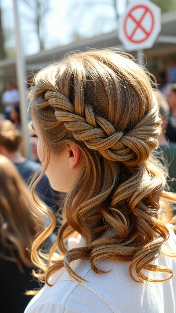 Twisted halo braid hairstyle with curls