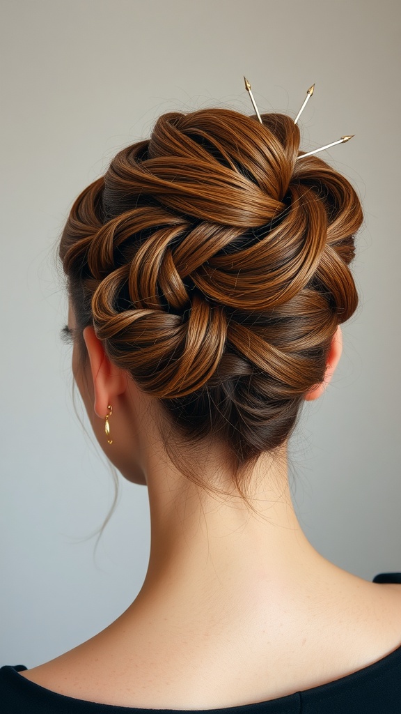 A beautiful twisted halo updo hairstyle adorned with golden hairpins.