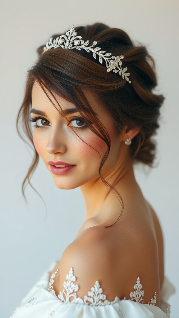 A bride with medium length hair styled in a twisted halo with loose strands, adorned with a sparkling headband.