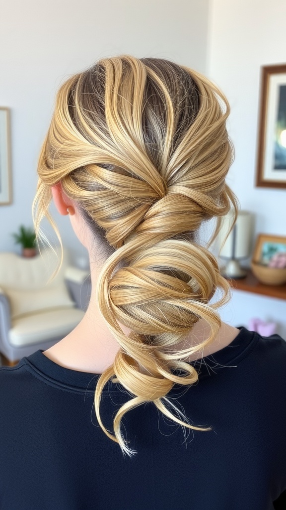 A woman with a twisted low bun hairstyle, showcasing elegant twists and soft waves.