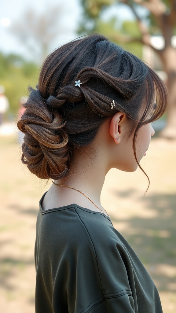 A young girl with a twisted low bun hairstyle adorned with hair accessories, viewed from the side.