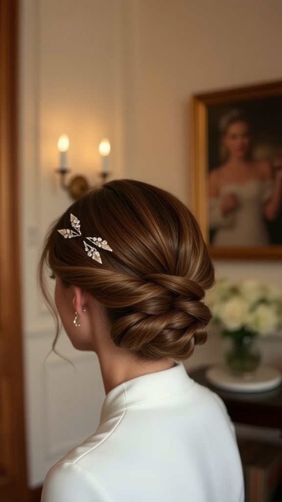 A woman with a twisted low chignon hairstyle adorned with decorative clips, showcasing a stylish and elegant look.