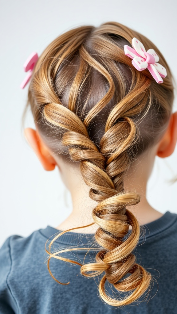 A toddler with a twisted low ponytail hairstyle featuring cute accessories.