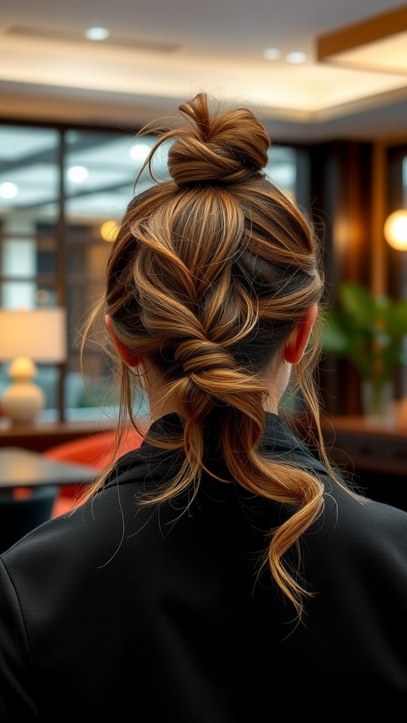 A woman with a twisted messy ponytail showcasing a chic hairstyle.
