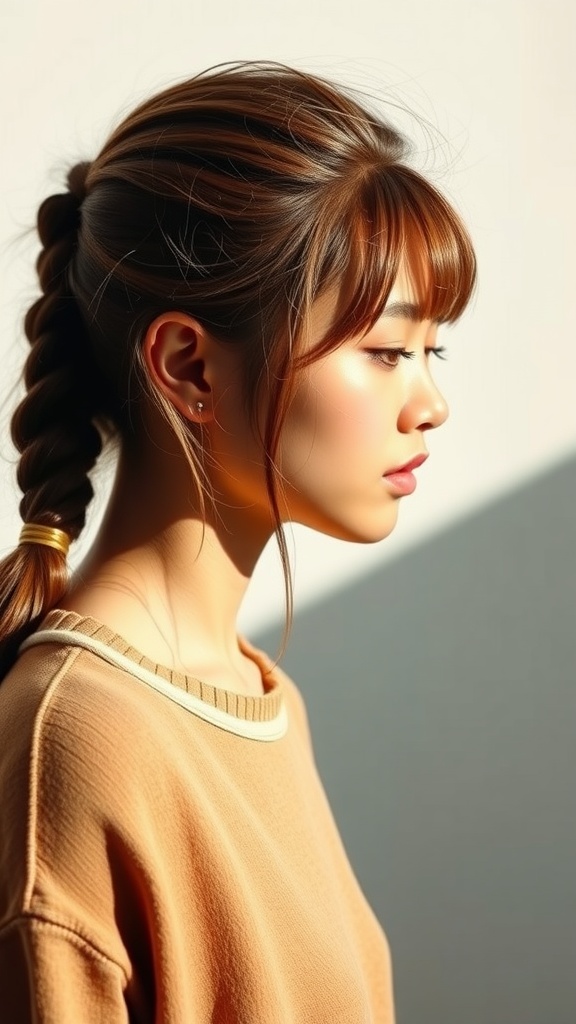 A woman with a twisted mid ponytail and side bangs, showcasing a chic hairstyle.