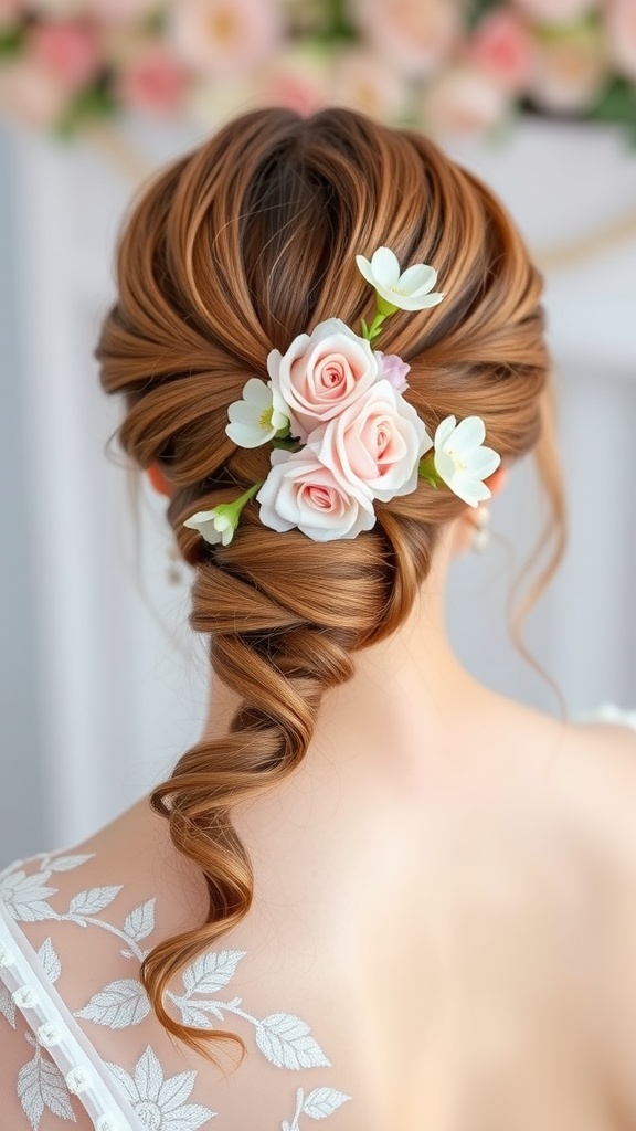 A close-up view of a twisted ponytail adorned with bridal flowers, showcasing a romantic hairstyle.
