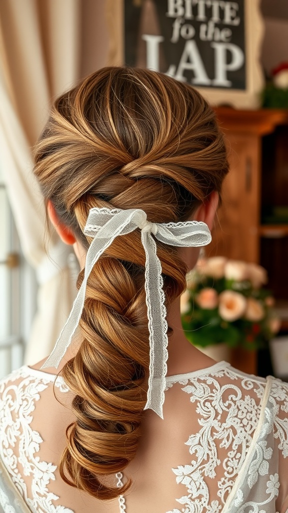 A twisted ponytail adorned with a lace ribbon, showcasing a romantic wedding hairstyle.