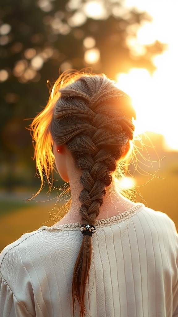 A woman showing a twisted ponytail with a textured braid, highlighted by sunlight.