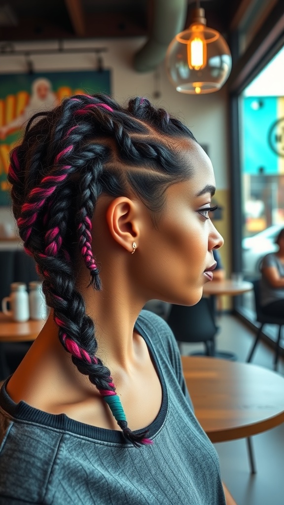A woman with short braided hairstyle featuring twists and pink accents, sitting in a café.