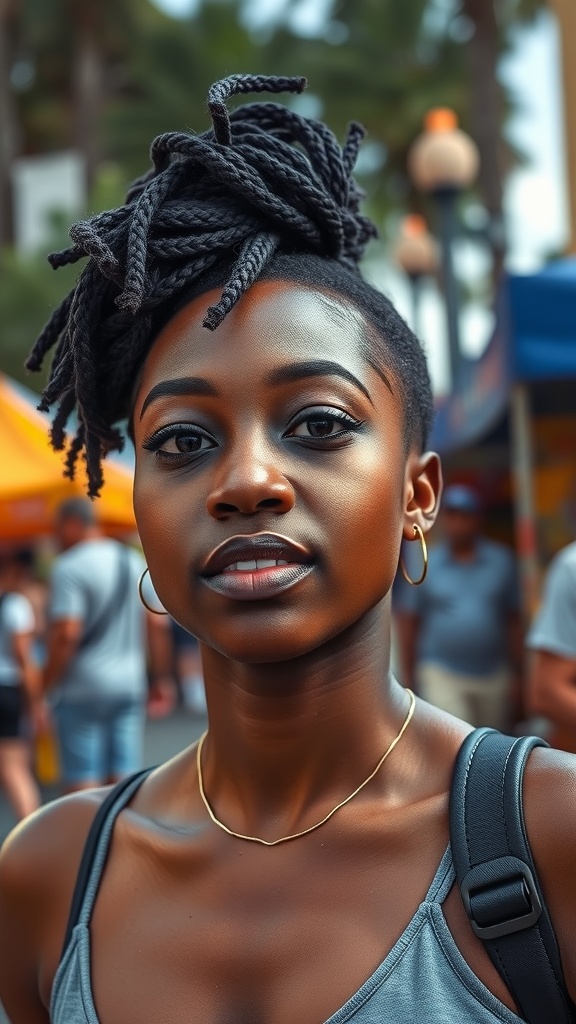 A woman with a high twisted hairstyle, showcasing her natural beauty in a vibrant outdoor setting.