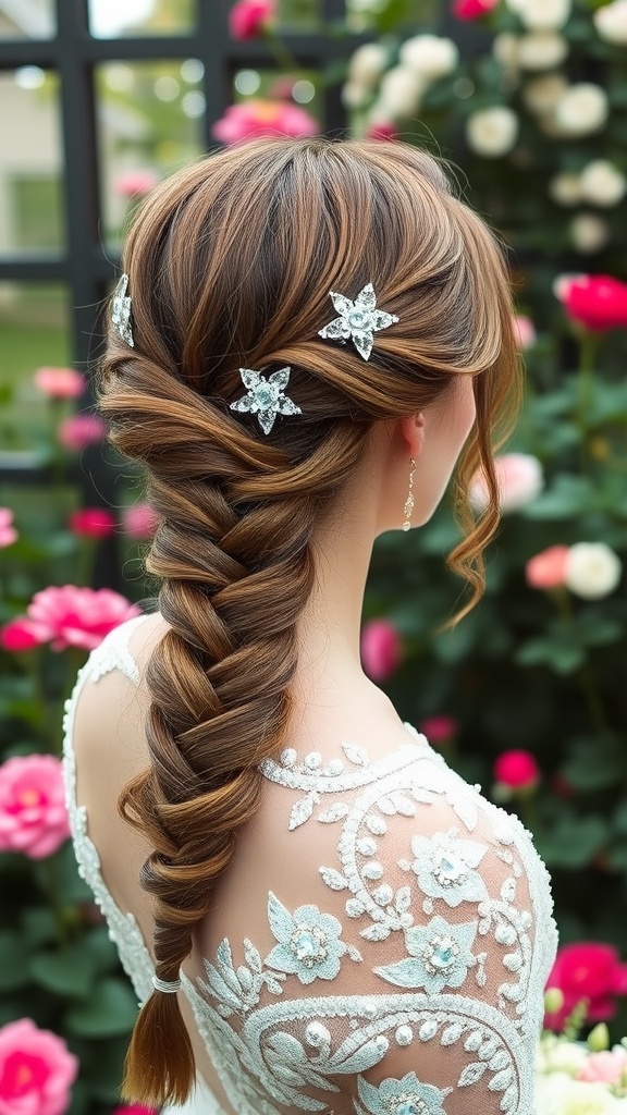 A bride with a twisted side braid adorned with gems, set against a backdrop of blooming roses.