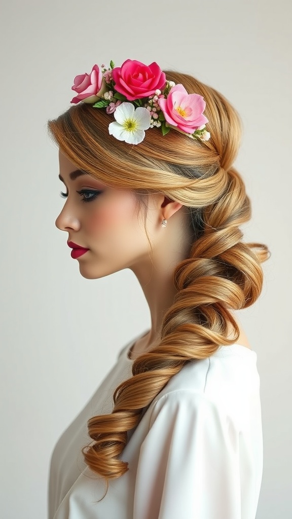 A woman with a twisted side ponytail hairstyle decorated with pink and white flowers.