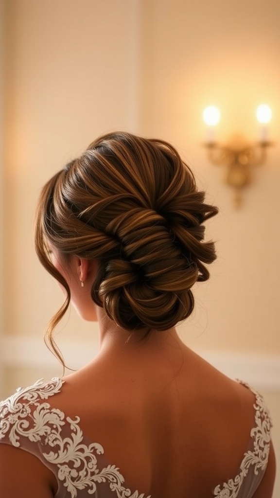 A bride's hair styled in a twisted side sweep, showcasing a lovely updo.