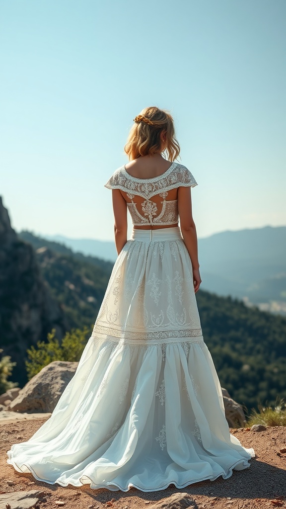 A woman in a two-piece wedding dress with intricate patterns, standing outdoors with mountains in the background.