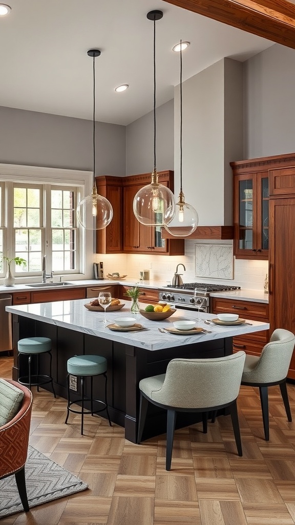 A modern kitchen with a two-tiered island featuring a marble countertop, dark cabinetry, and stylish seating.