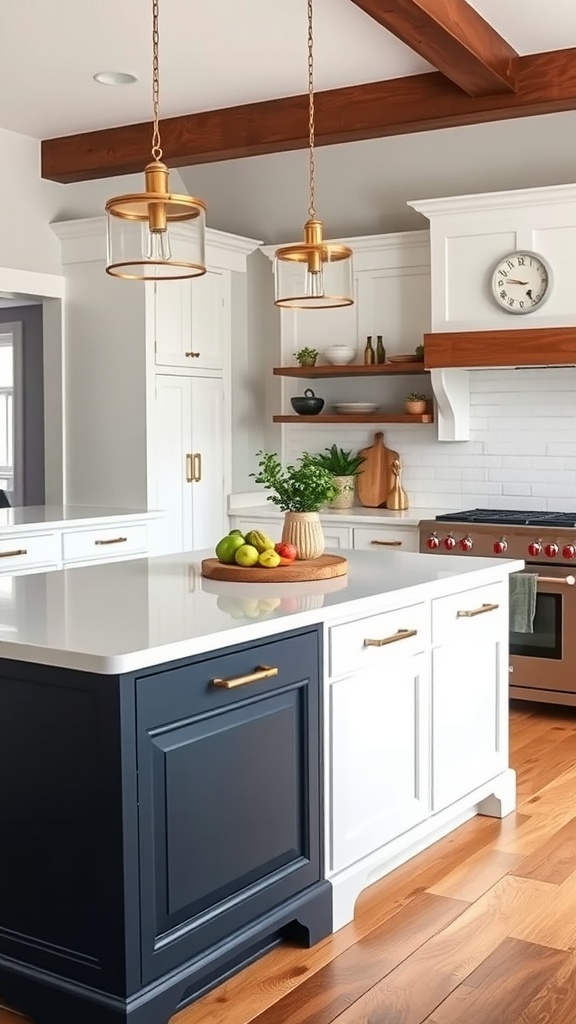 A two-tone kitchen island featuring a navy base and white cabinetry, with a light countertop and gold hardware.