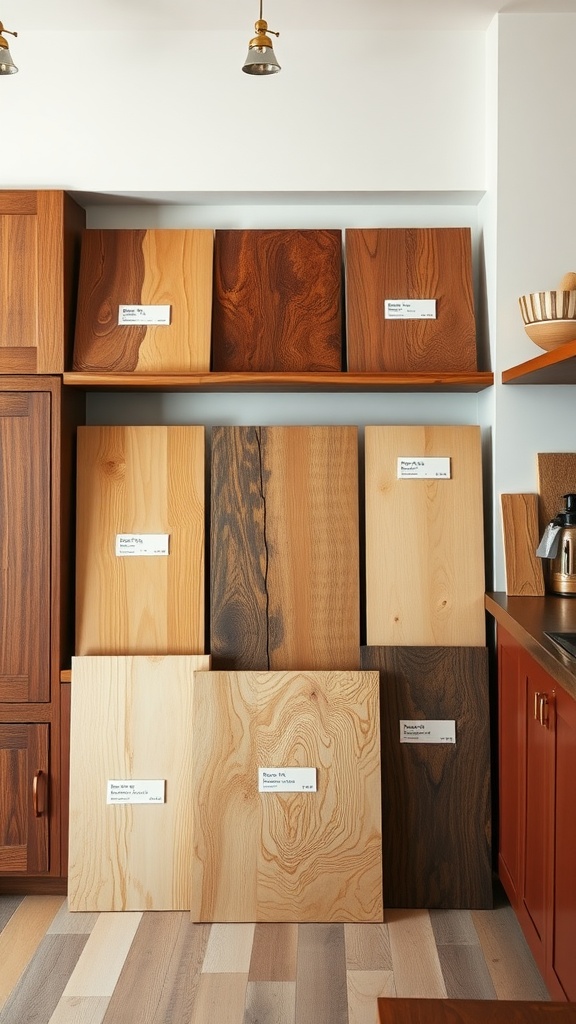 Various wood samples for kitchen cabinets displayed on shelves