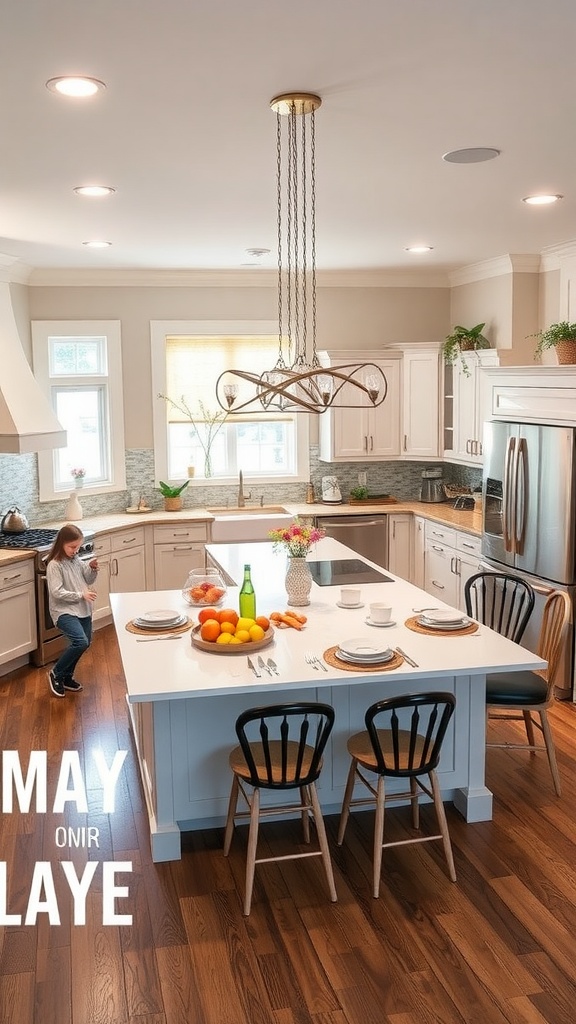 A modern kitchen featuring a U-shaped island with a fruit bowl, plates, and comfortable seating.