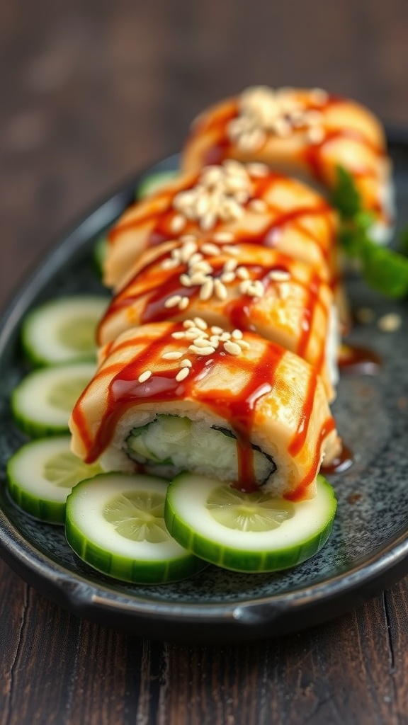 Delicious unagi sushi rolls drizzled with teriyaki glaze and garnished with sesame seeds on a plate with cucumber slices.