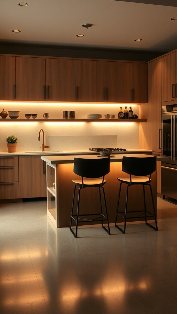 A modern kitchen with wooden cabinets and warm under-cabinet lighting illuminating the countertop.