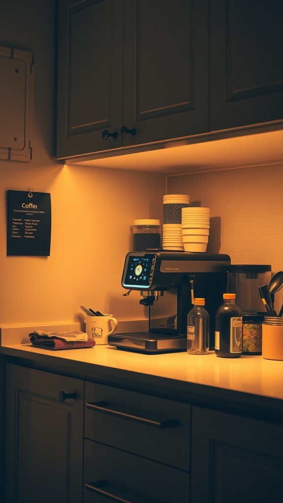 A cozy under-counter coffee station with warm lighting, a coffee machine, stacked cups, and organized jars.
