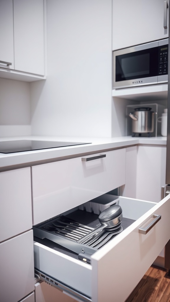 A close-up view of an open under-counter drawer in a modern kitchen, showcasing organized kitchen tools and cookware.