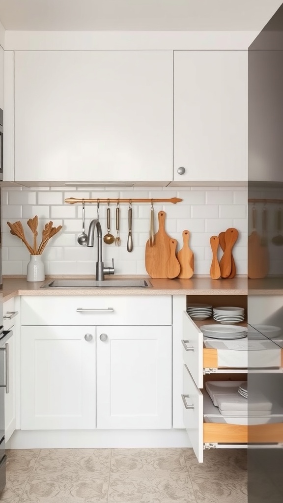 A small kitchen with white cabinets, under-counter storage drawers, and hanging utensils above the sink.
