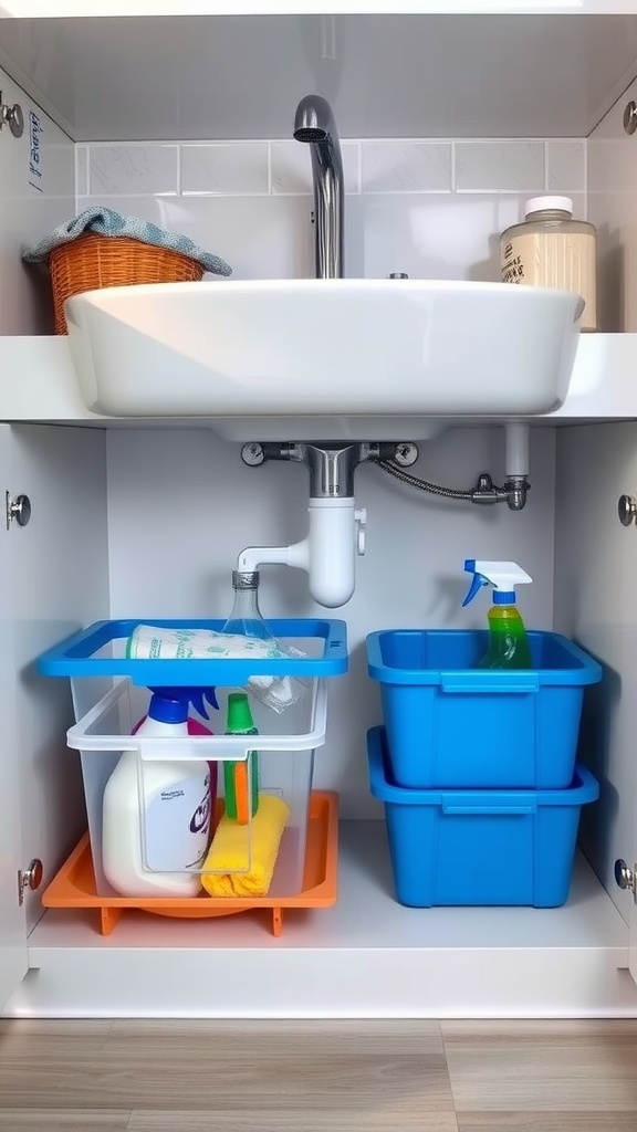 Organized under-sink storage with colorful bins and a clear tray holding cleaning supplies