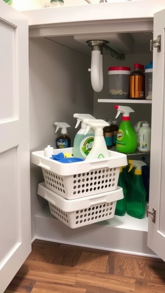 Under-sink storage with organized cleaning supplies and baskets