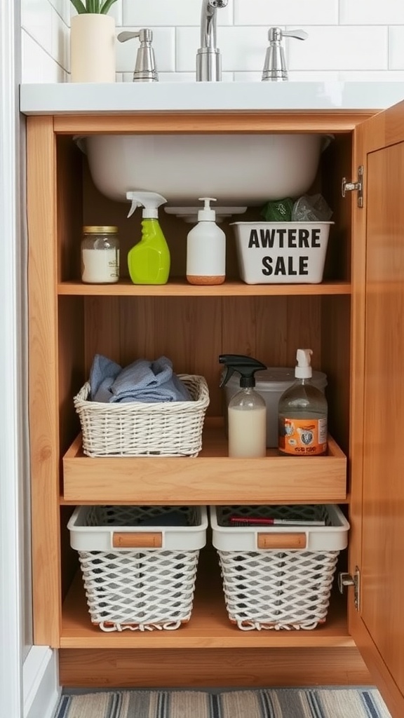 Organized under-sink area with cleaning supplies and baskets.