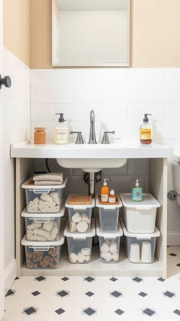 Organized under-sink storage in a bathroom with clear bins and a wooden cutting board.