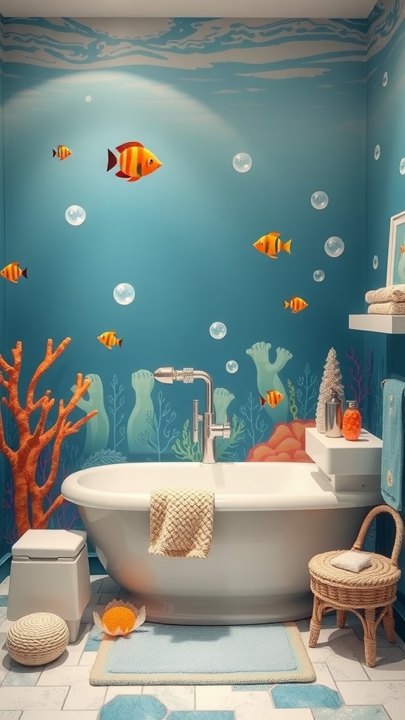 A colorful kids bathroom featuring an under-the-sea theme with fish wall art and themed accessories.