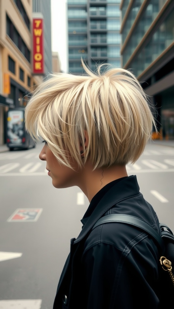 Short blonde bob hairstyle with an undercut, showcasing volume and an edgy look.