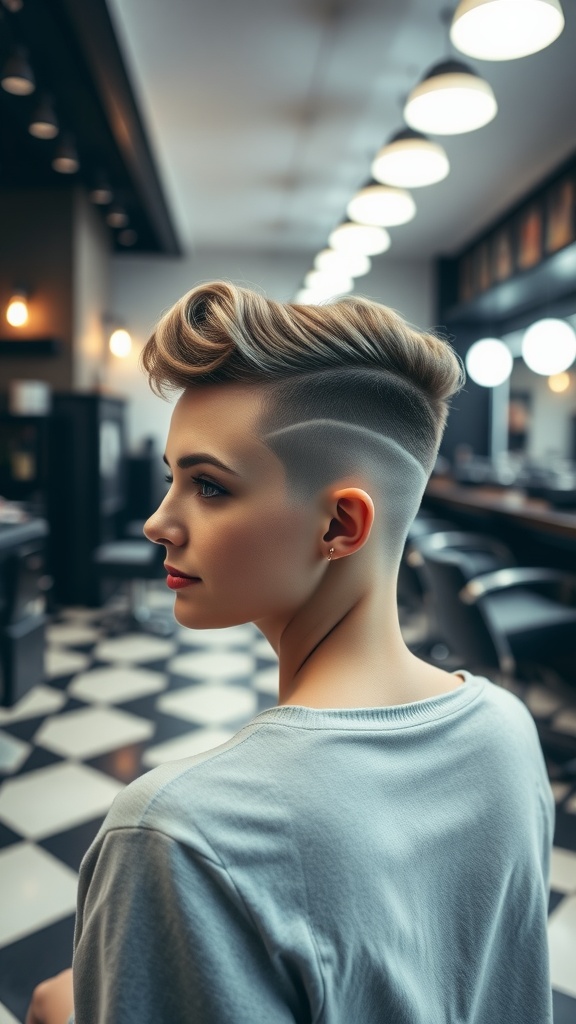 A woman with a stylish undercut featuring a shaved design, showcasing short hair on the sides and longer hair on top, set in a modern salon.