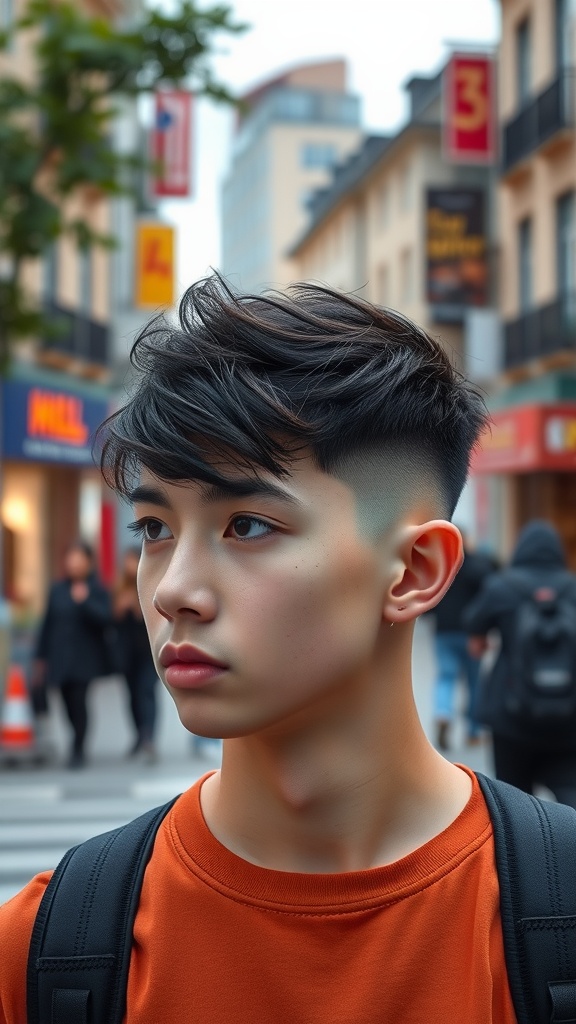 A young person with an undercut hairstyle featuring medium-length hair on top, standing in an urban setting.