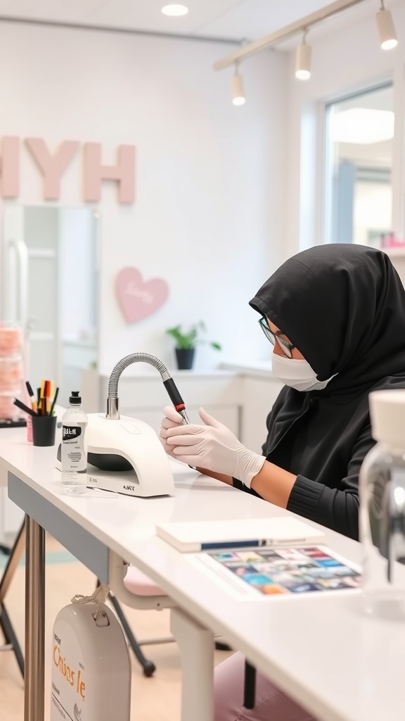 A nail technician applying acrylic nails in a bright salon