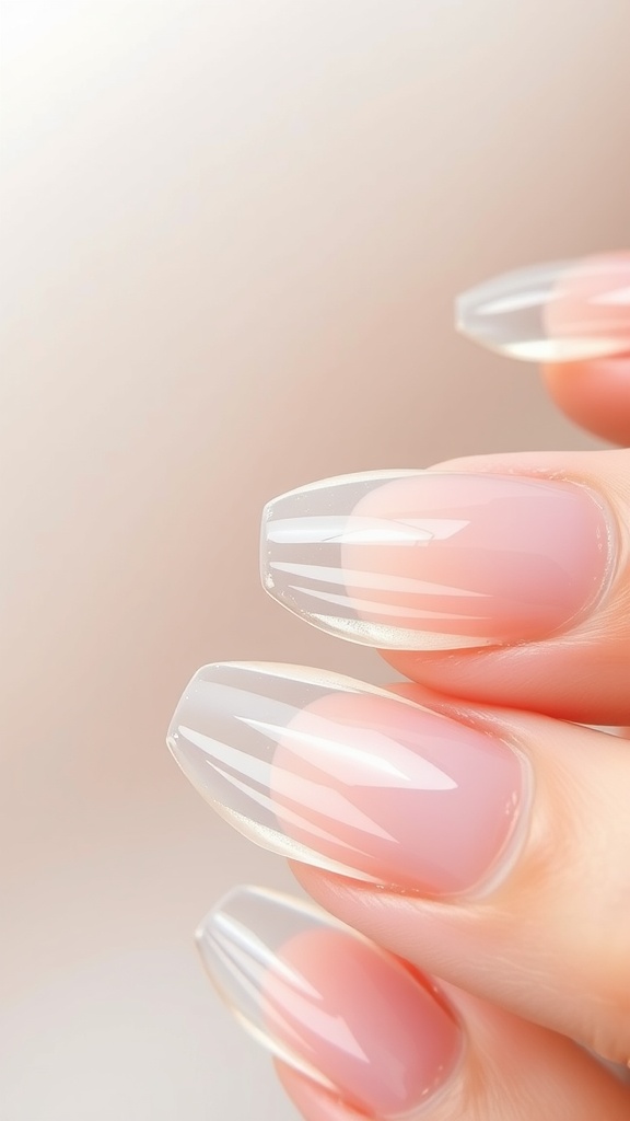 Close-up of clear acrylic nails with a soft pink base