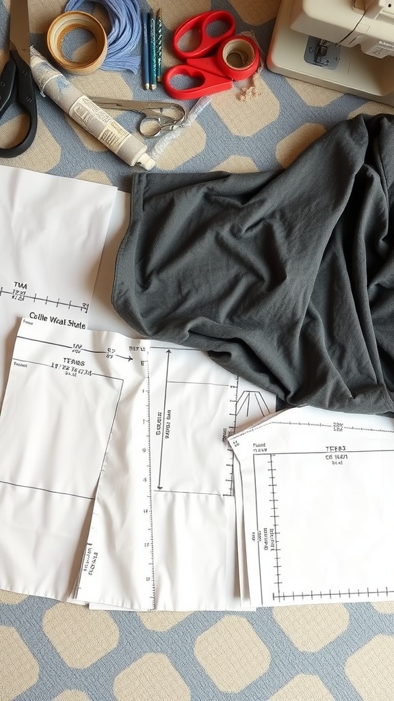 A collection of sewing supplies, including fabric, scissors, and wrap skirt patterns, arranged on a patterned background.